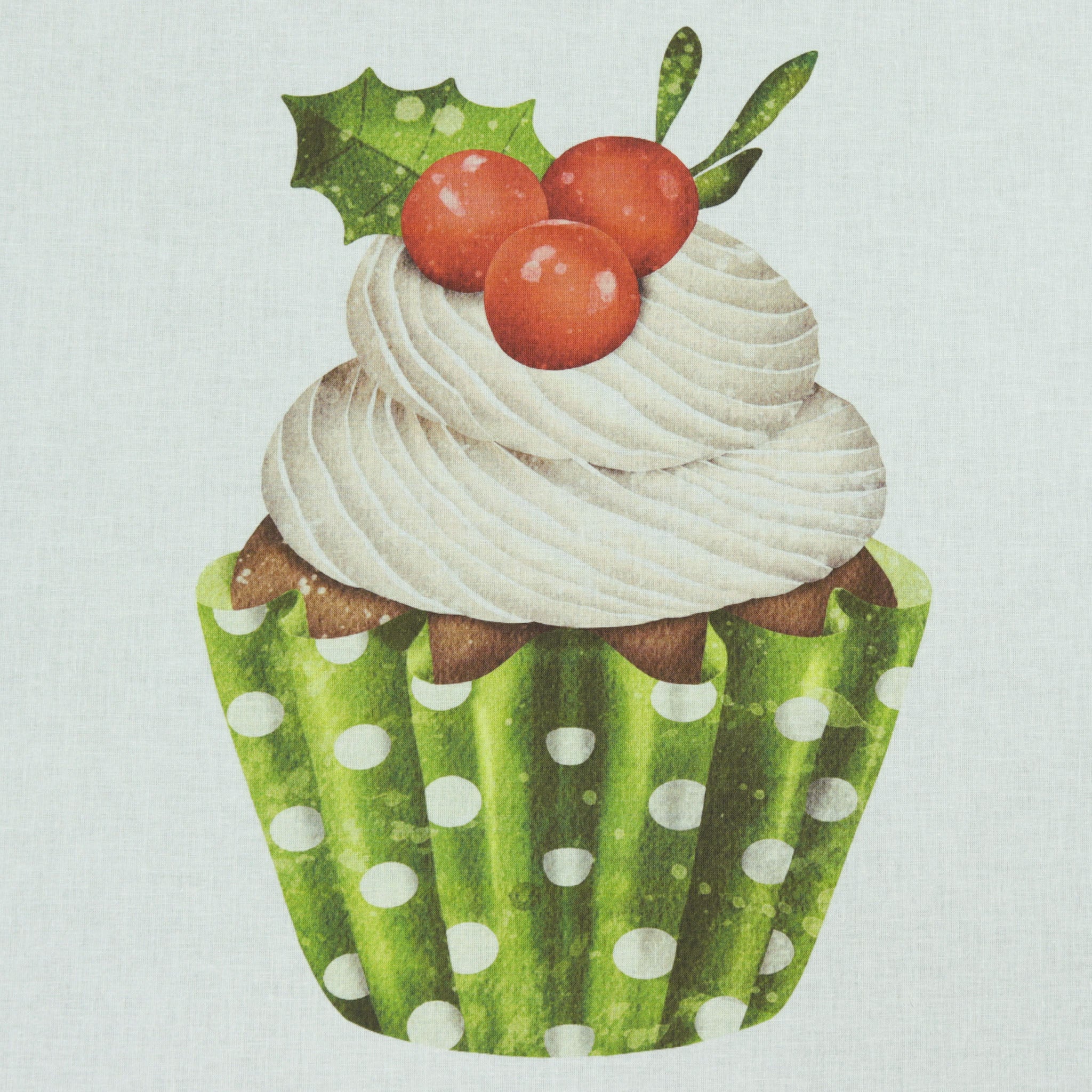 Christmas Berry Cupcake Fabric Panel - White