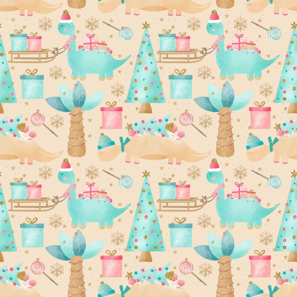 Christmas Dino Assortment Fabric - Tan