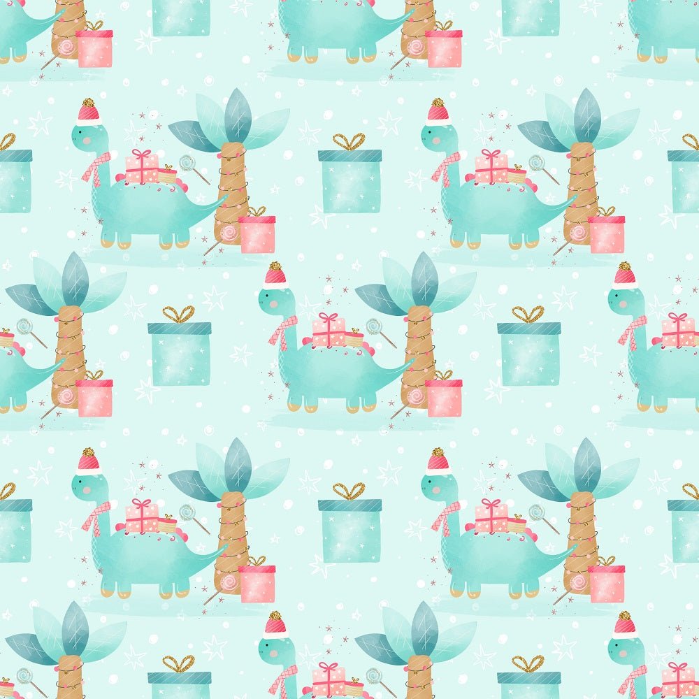Christmas Dino Palm Tree Scene Fabric - Blue