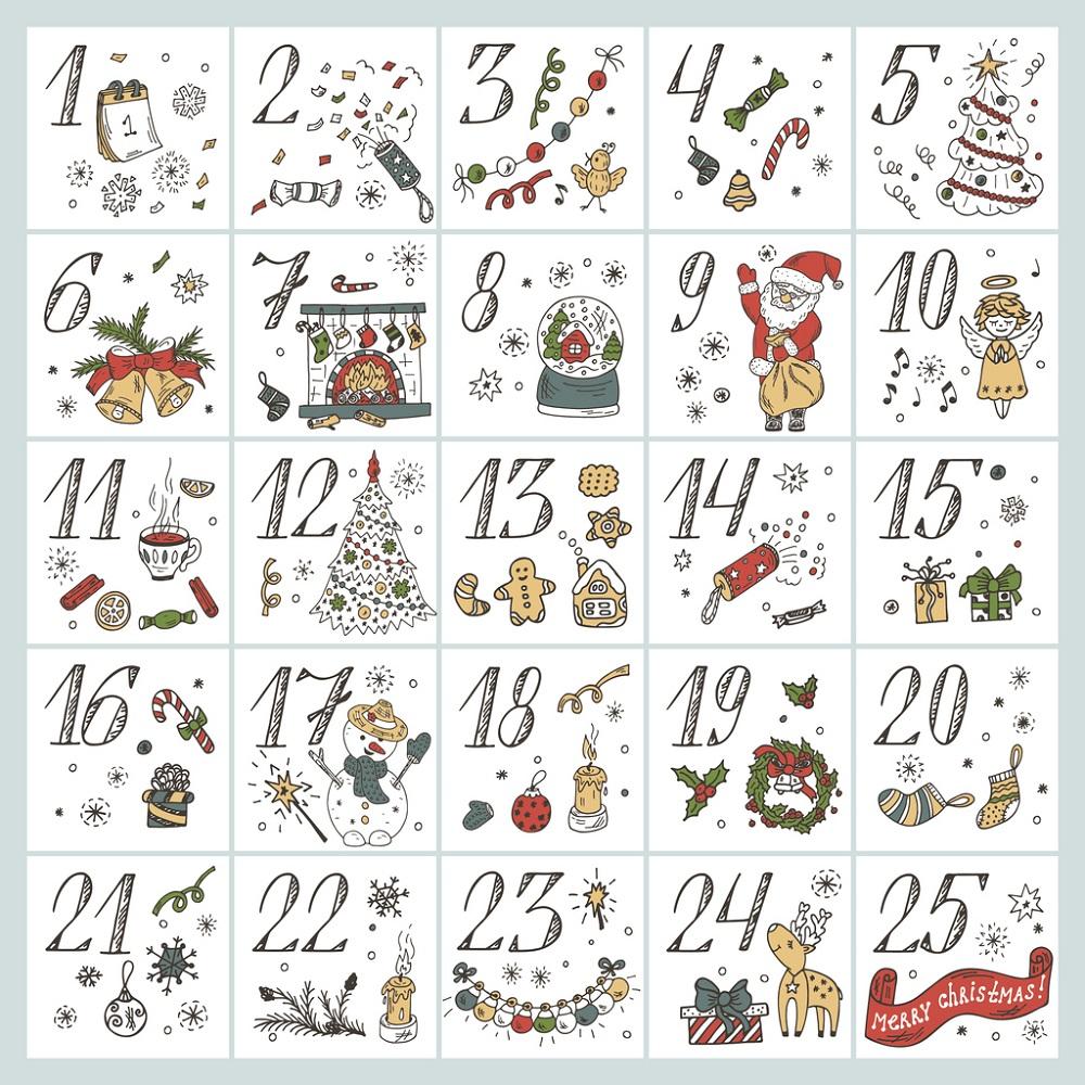 Christmas Doodles Advent Calendar Fabric Panel - White