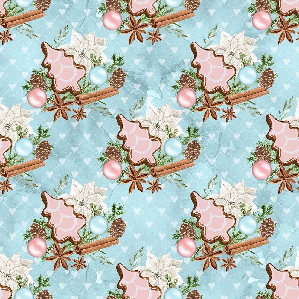 Christmas Elements on Dots Fabric - Blue