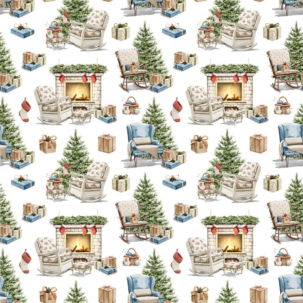 Christmas Fireplace Fabric - White