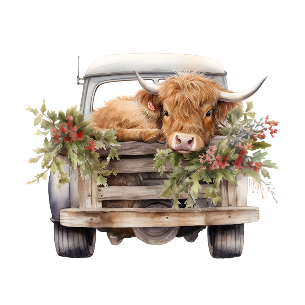 Christmas Highland Cow Scene #1 Fabric Panel