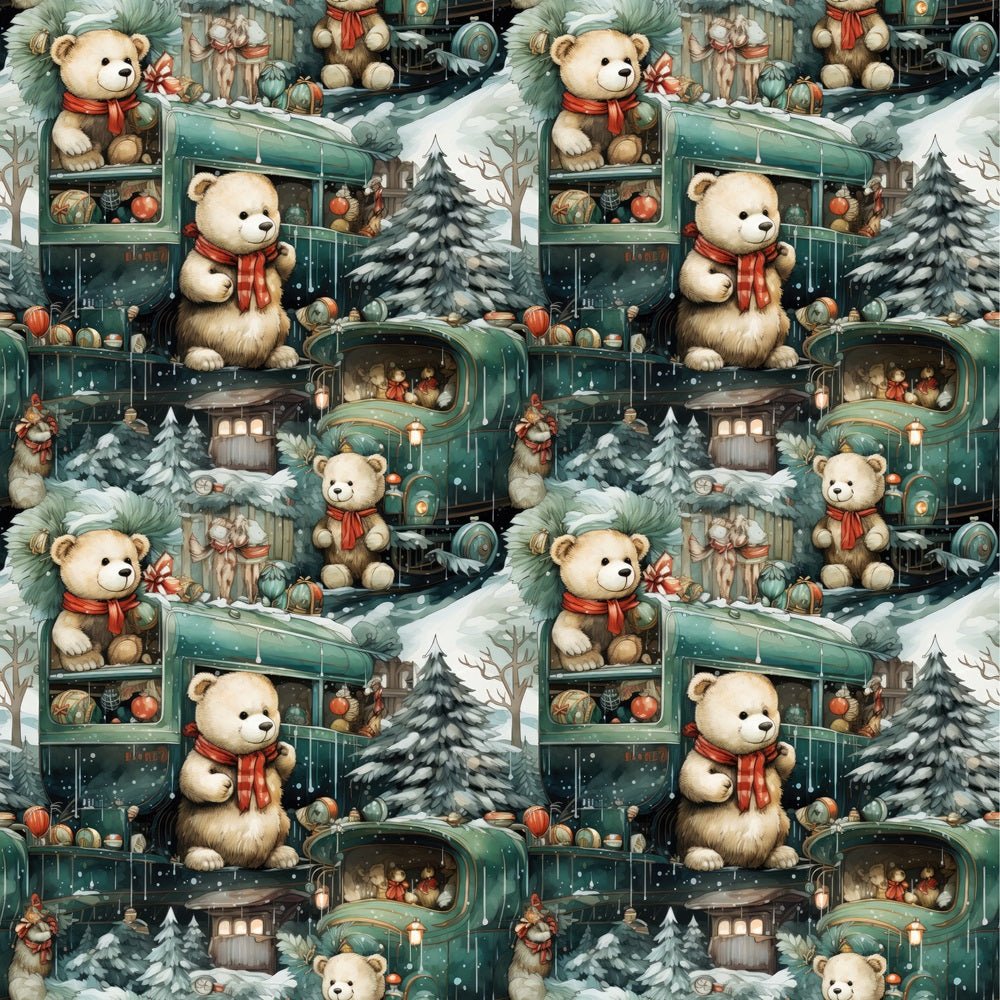 Christmas Teddy Bear on Train Fabric