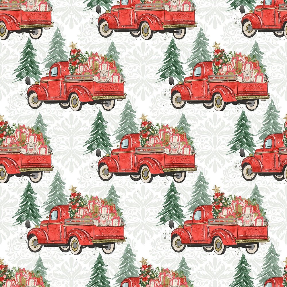 Christmas Trucks & Trees Fabric - White