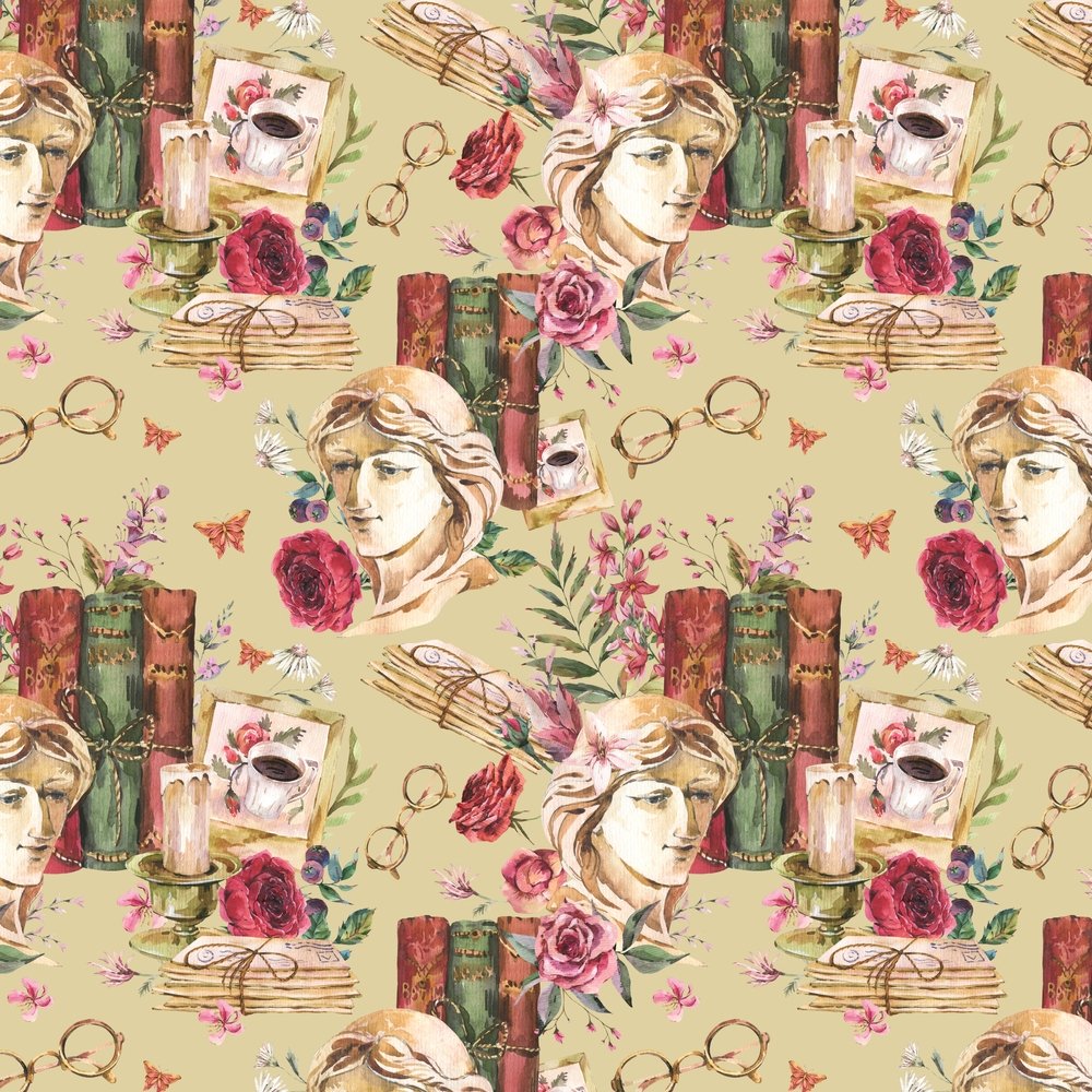 Vintage Books & Sculptures Fabric - Tan