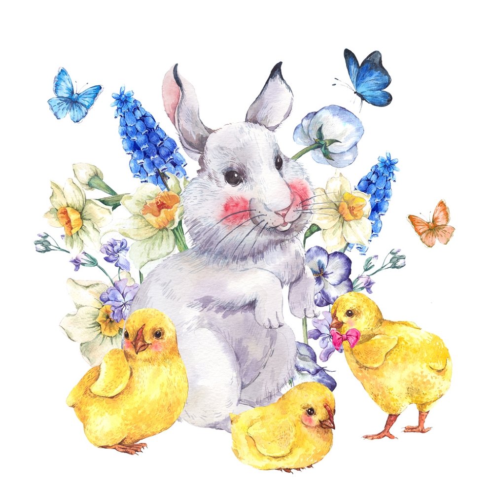 Vintage Easter Bunny & Chicks Fabric Panel