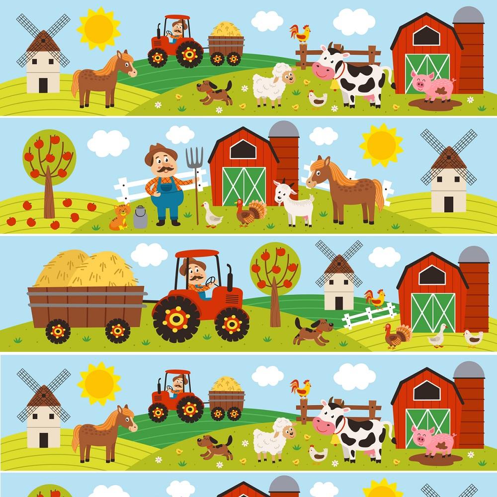 Cartoon Farming Stripe Scenes Fabric