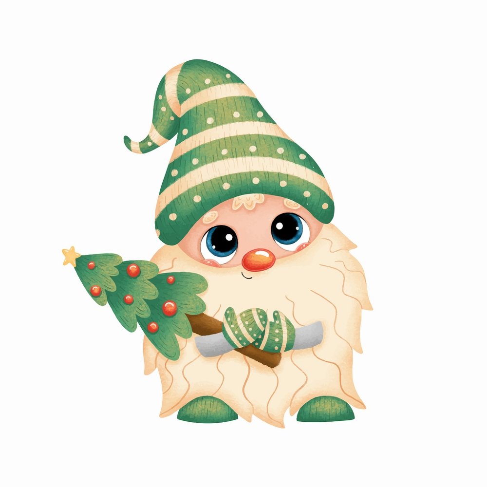 Cartoon Gnome With Christmas Tree Fabric Panel - White