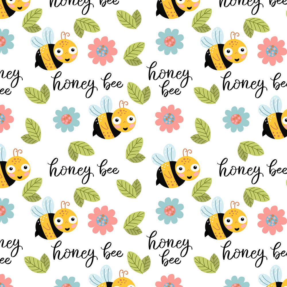 Cartoon Honey Bee Fabric - White