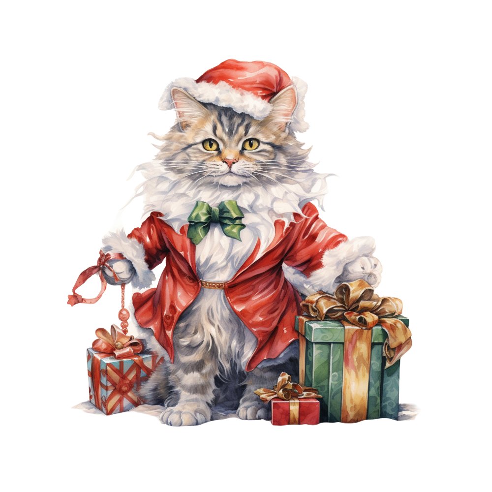 Christmas Animals Santa Claus Cat Fabric Panel