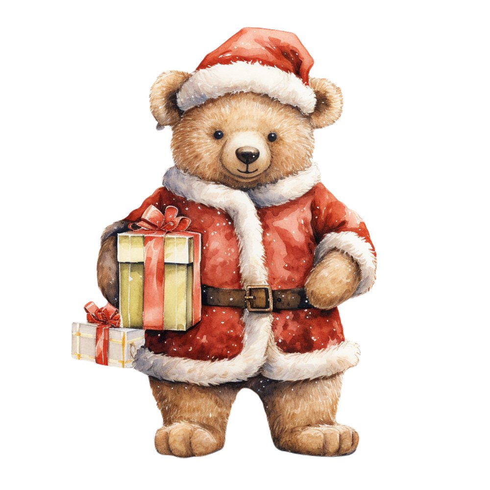 Christmas Animals Teddy Bear #1 Fabric Panel