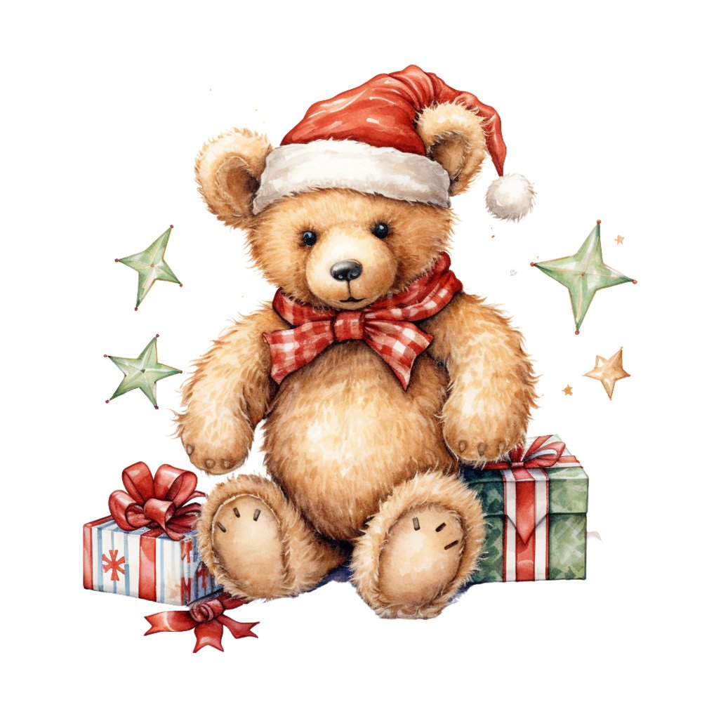 Christmas Animals Teddy Bear #3 Fabric Panel