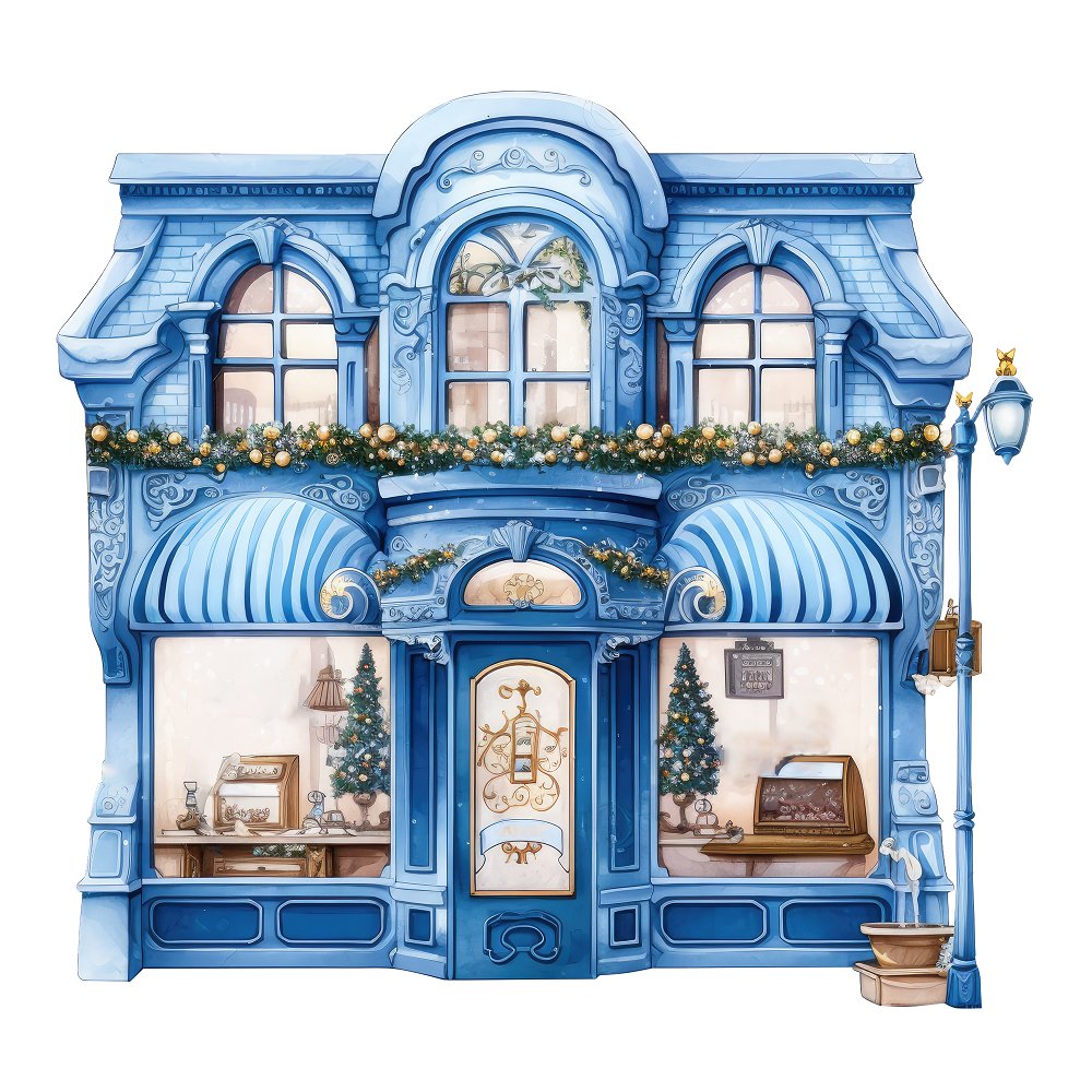 Christmas Bakery Storefront Fabric Panel - Blue