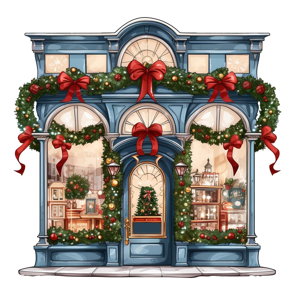 Christmas Bookstore Storefront Fabric Panel