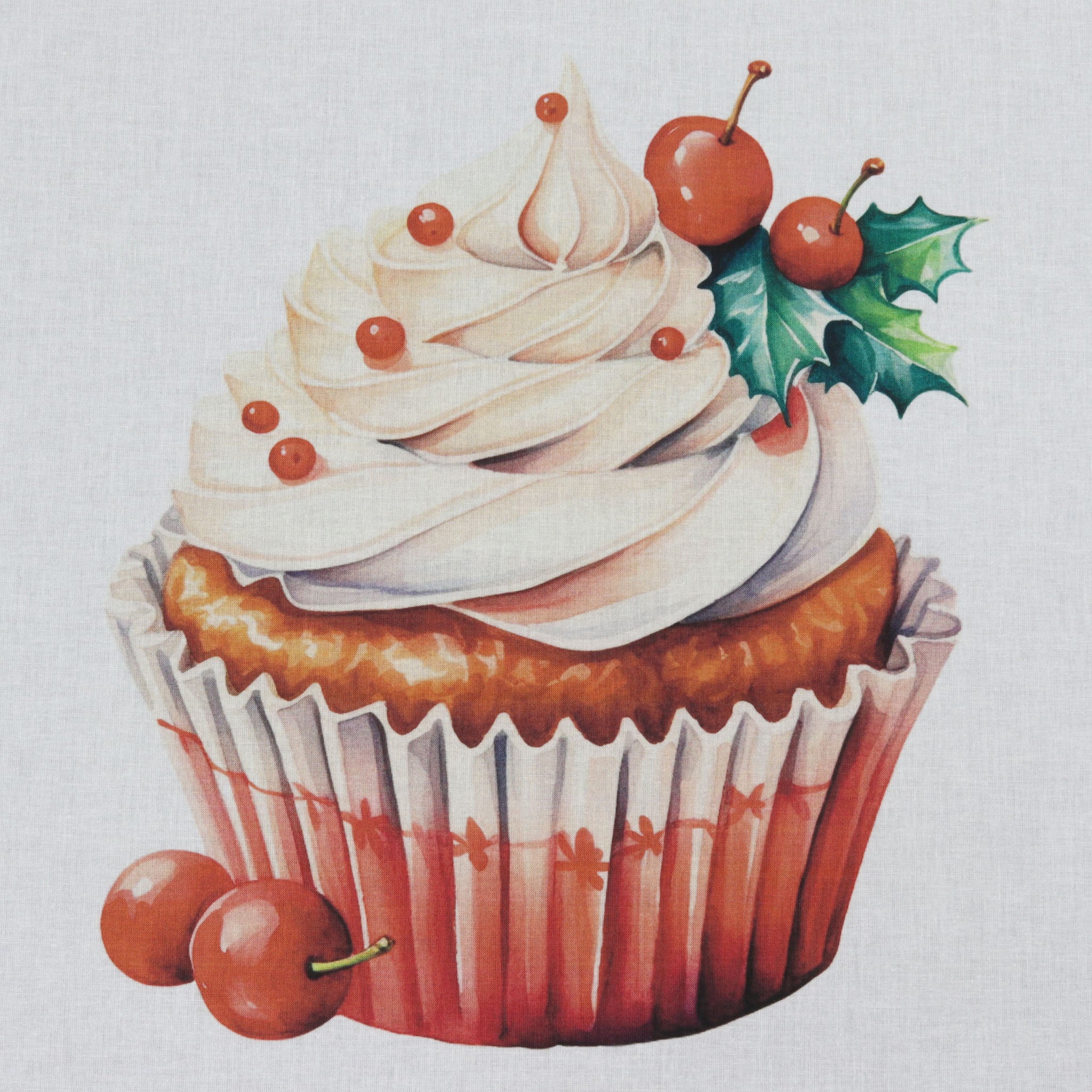 Christmas Dessert Cupcake Berries and Leaves Fabric Panel