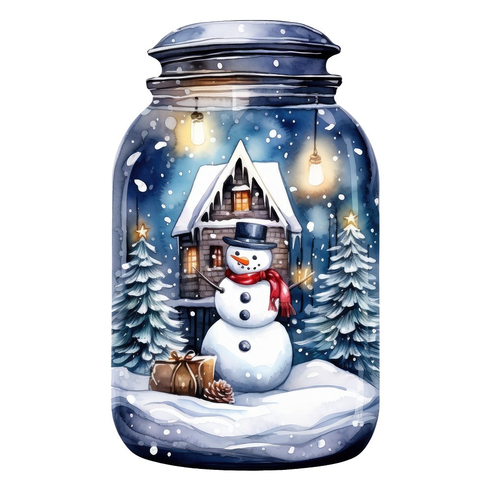 Christmas in a Jar Night Time Snowman Fabric Panel