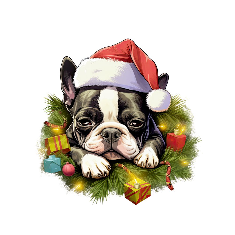 Christmas Lazy Boston Terrier Fabric Panel