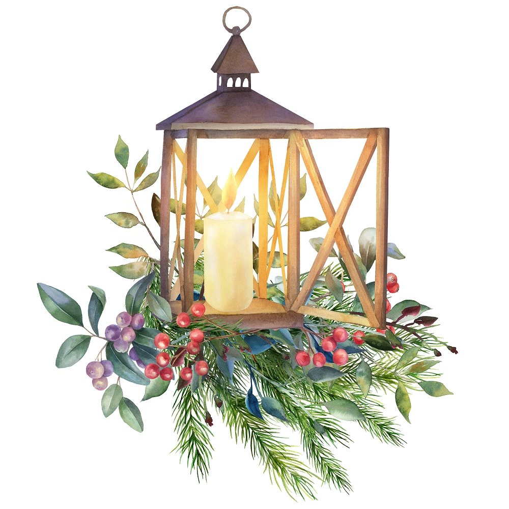 Christmas Night Lantern Holly Berry Fabric Panel - White