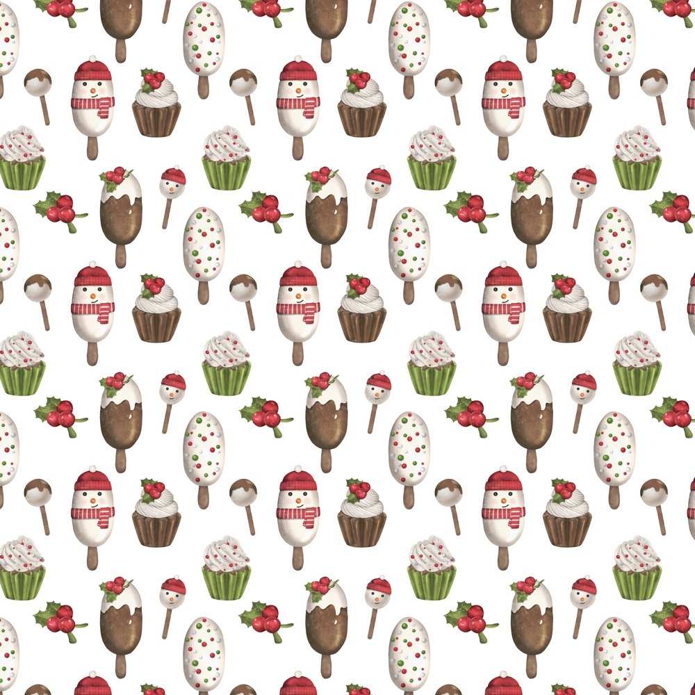 Christmas Popsicles & Cupcakes Fabric - White