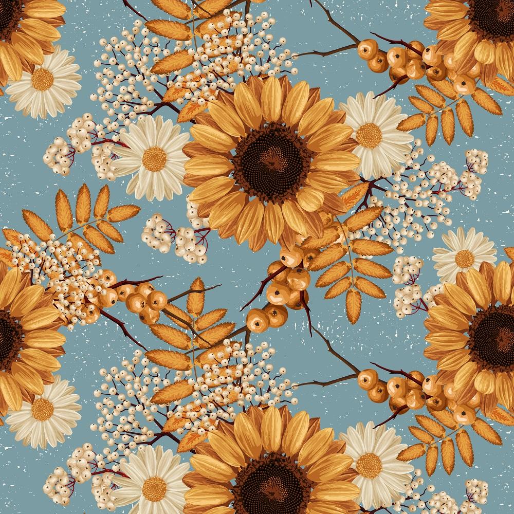 Vintage Autumn Sunflower Fabric - Blue