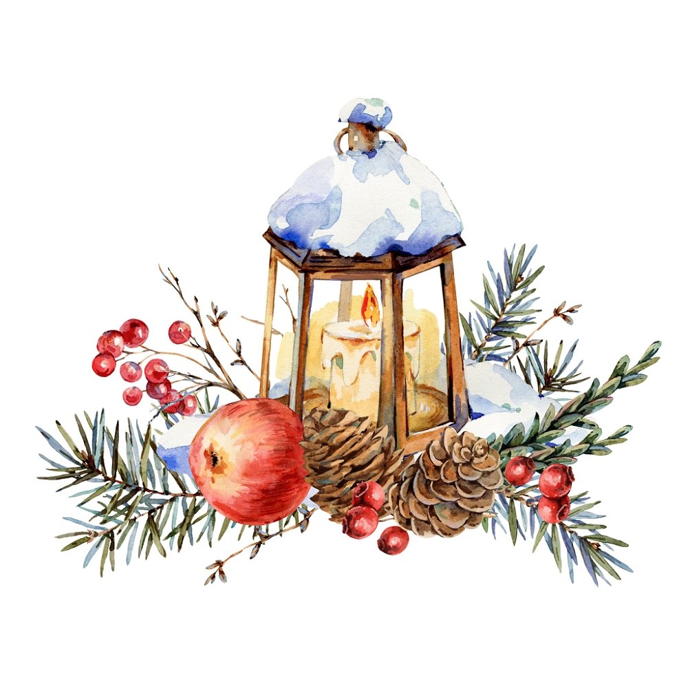 Vintage Christmas Lantern & Branches Fabric Panel