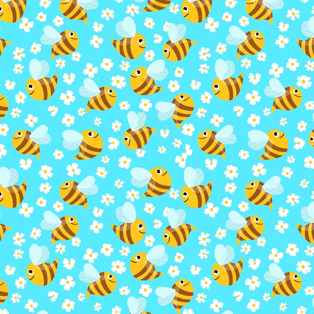 Buzzing Bee With Flowers Fabric - Blue