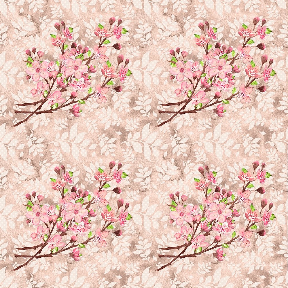 Cherry Blossom Bouquet on Leaves Fabric - Tan