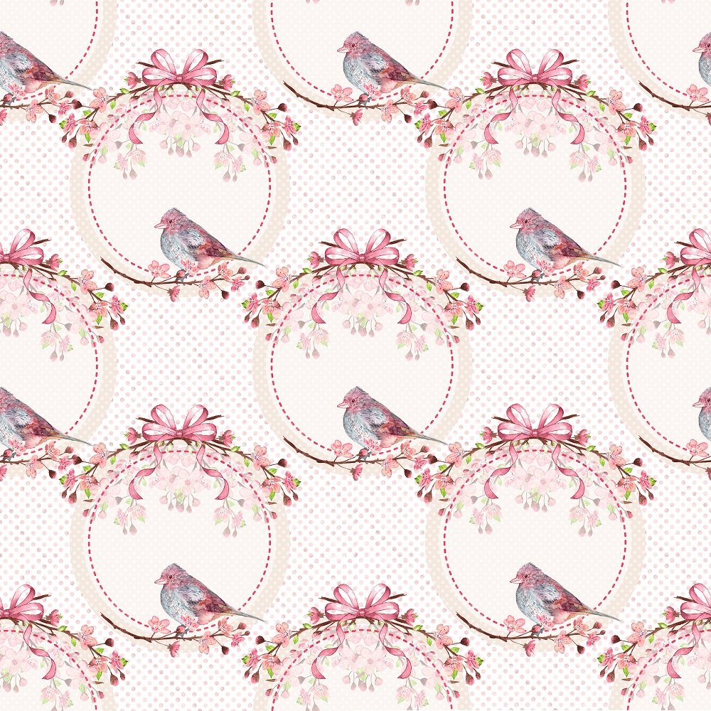 Cherry Blossom Bouquet with Perched Cardinal Dot Fabric