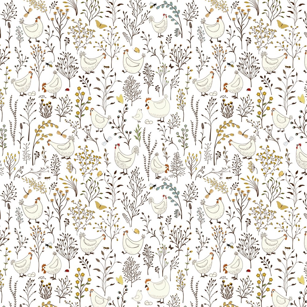 Chickens In The Garden Fabric - White