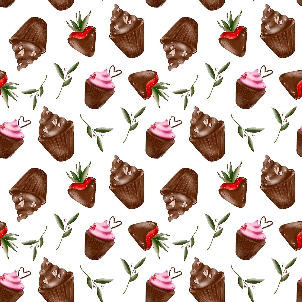 Chocolate Cover Strawberries and Cupcakes Fabric - White