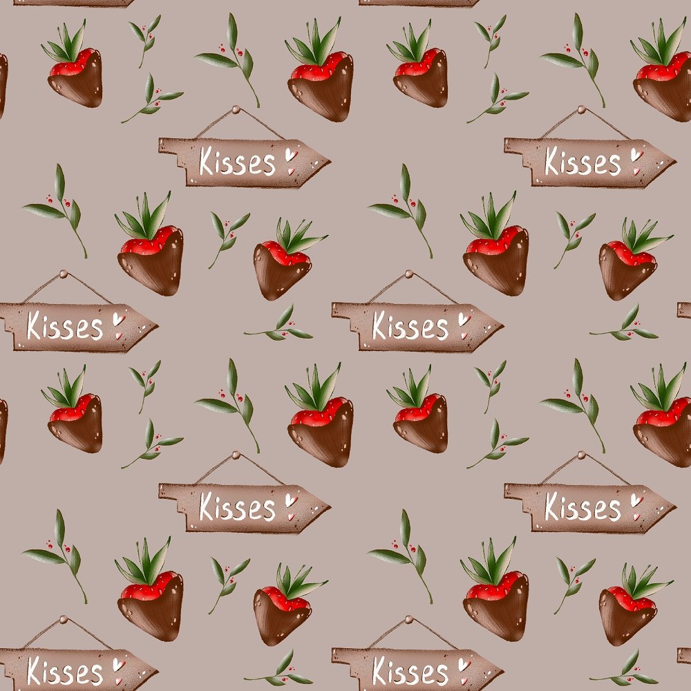 Chocolate Cover Strawberries and Kisses Fabric - Grey