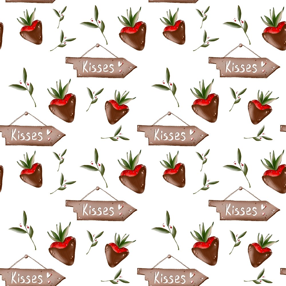 Chocolate Cover Strawberries and Kisses Fabric - White