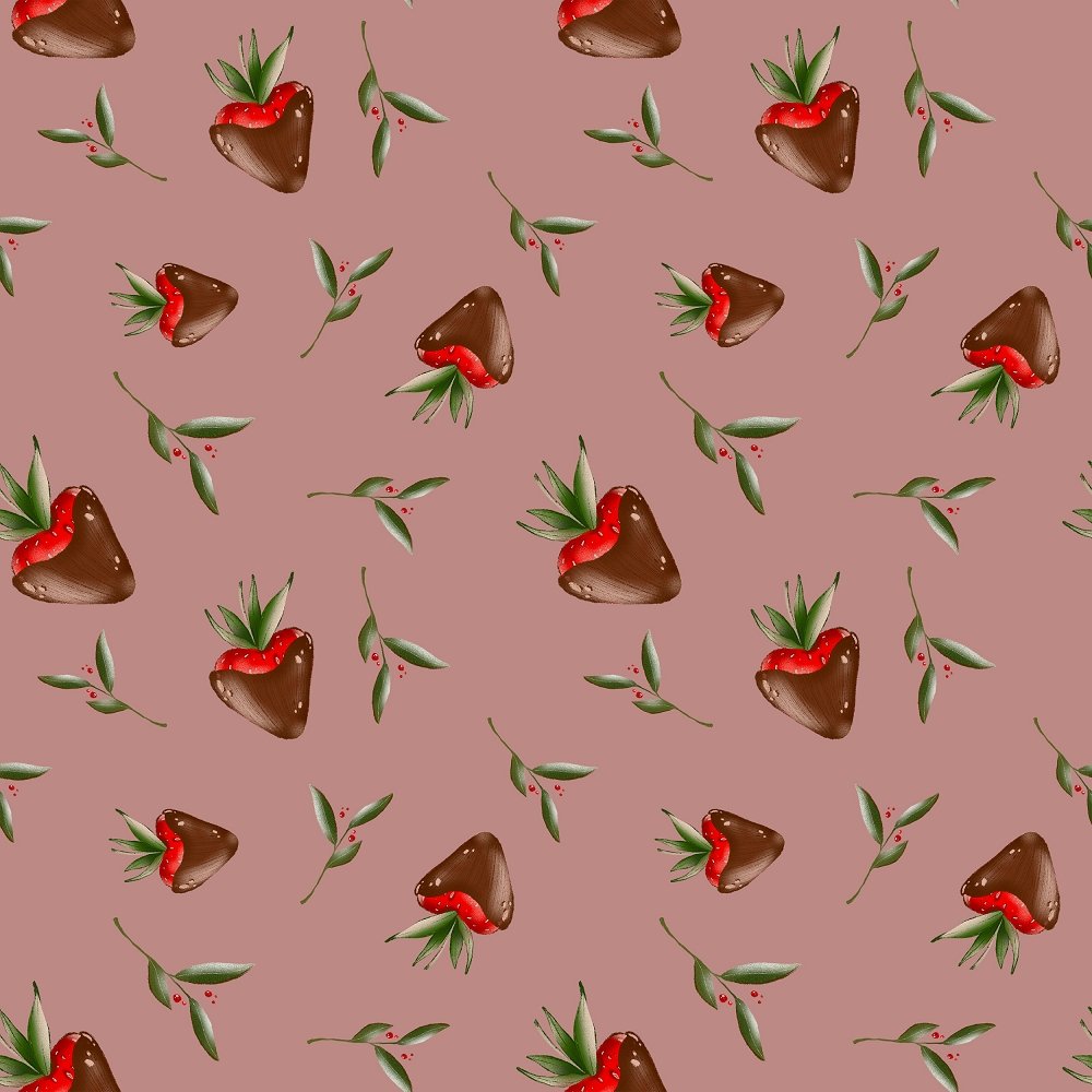 Chocolate Covered Strawberries and Leaves Fabric - Pink