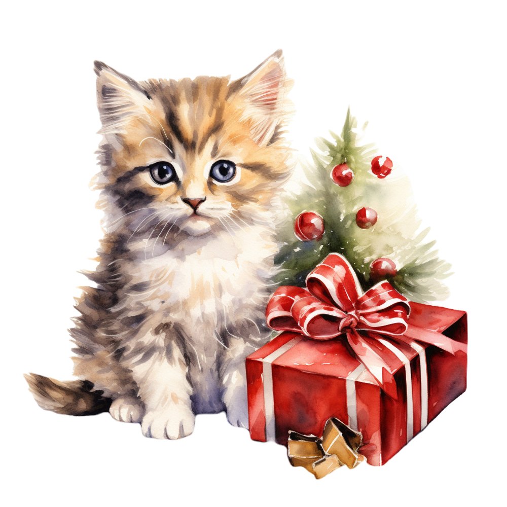 Christmas Animals Kitten #2 Fabric Panel