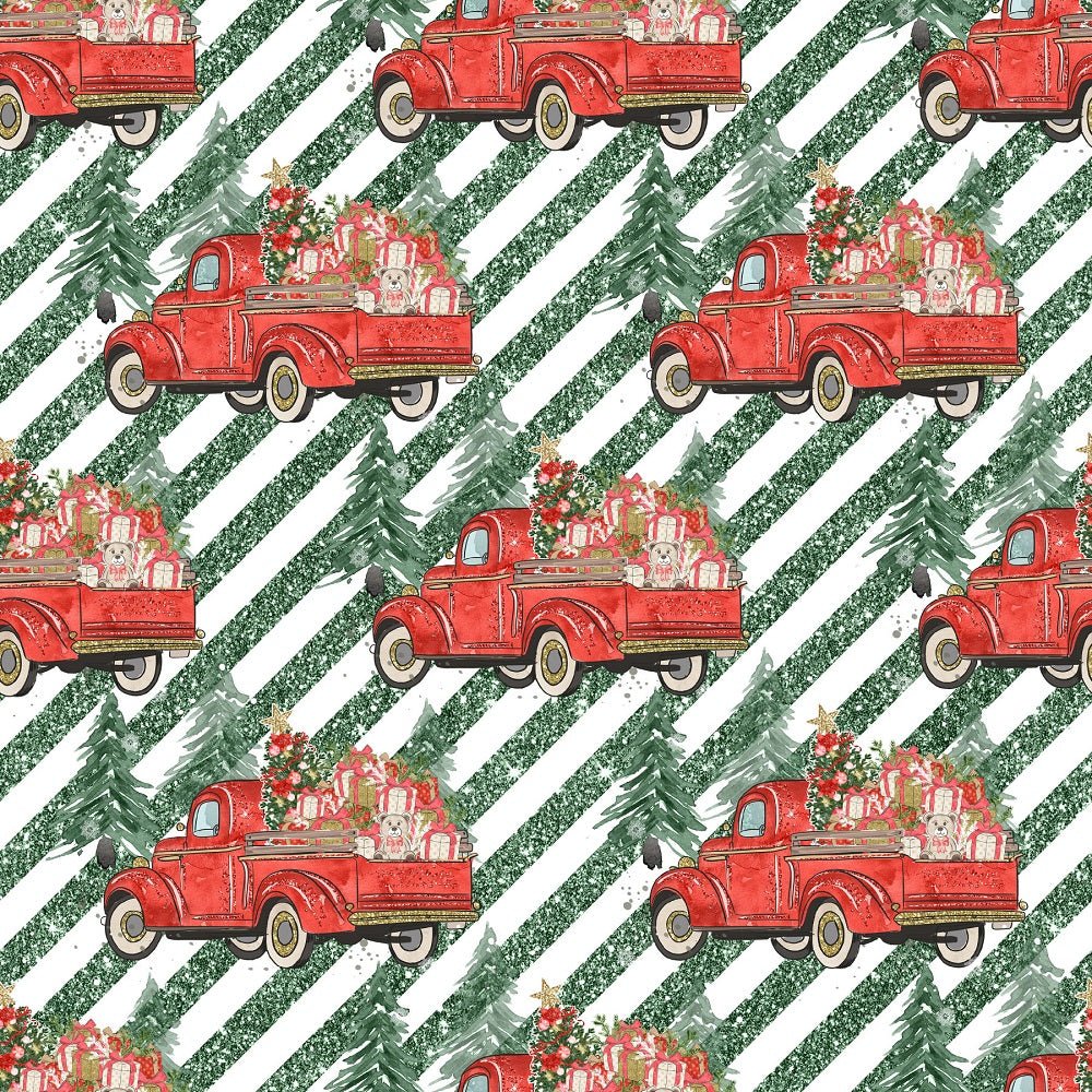 Trucks & Trees Striped Fabric - Green