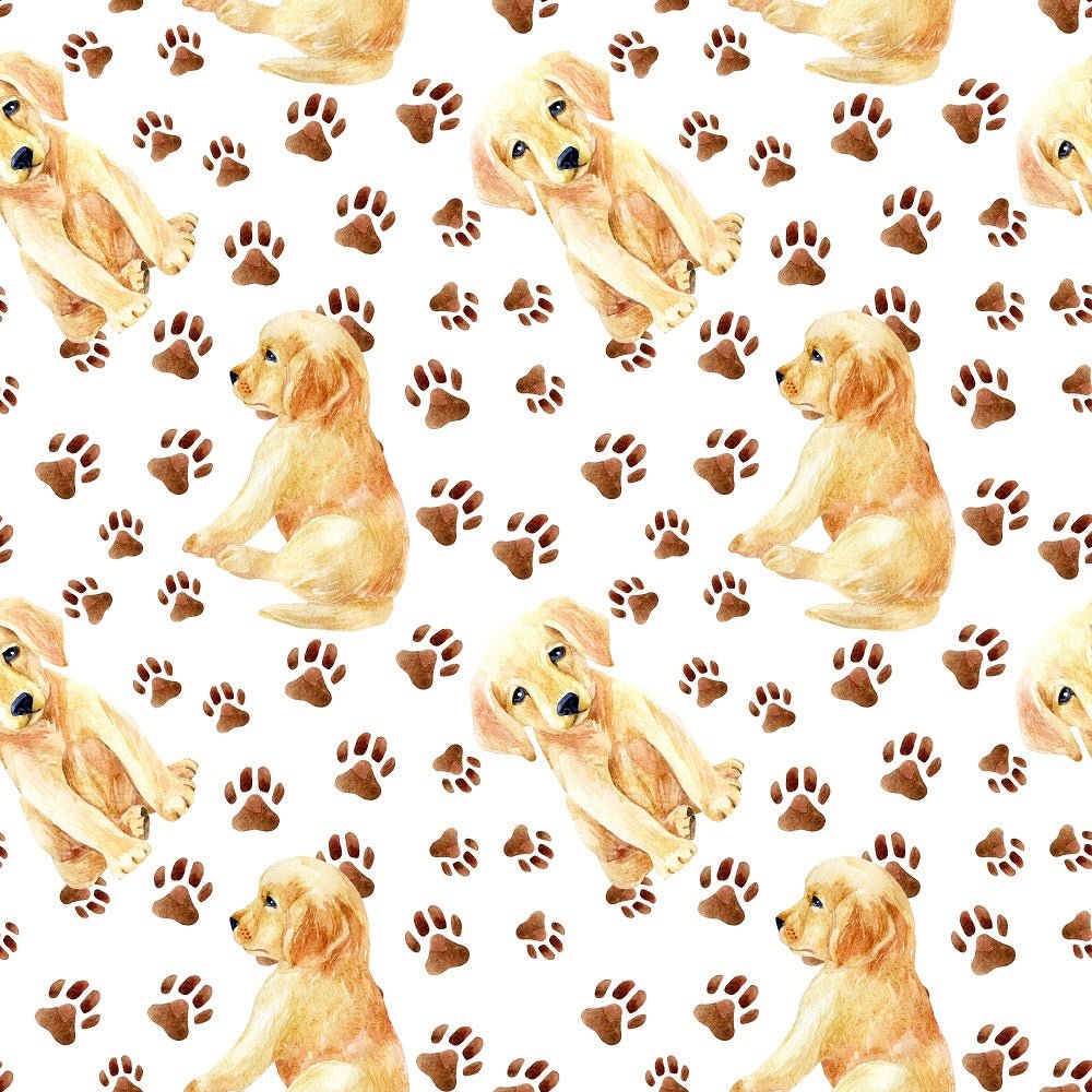 Watercolor Labrador Retriever Puppy & Paw Prints Fabric