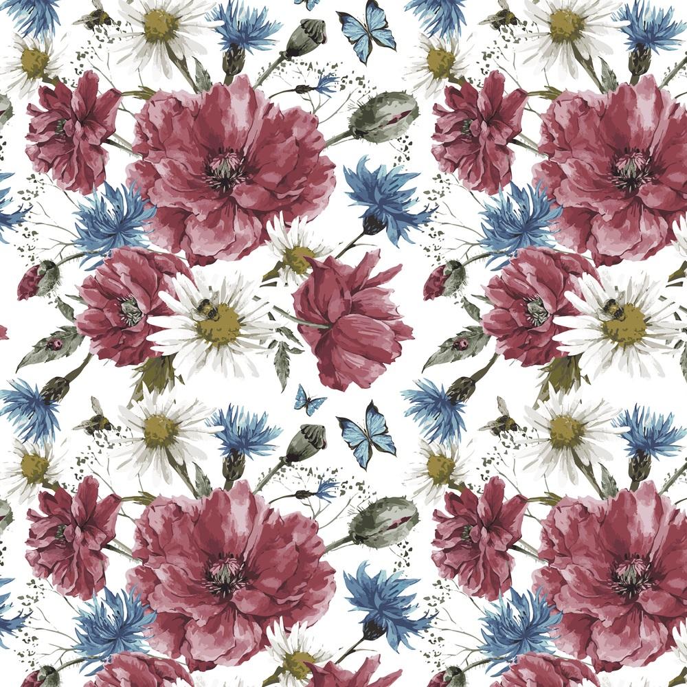 Watercolor Poppies & Wildflowers Bouquet Fabric - White