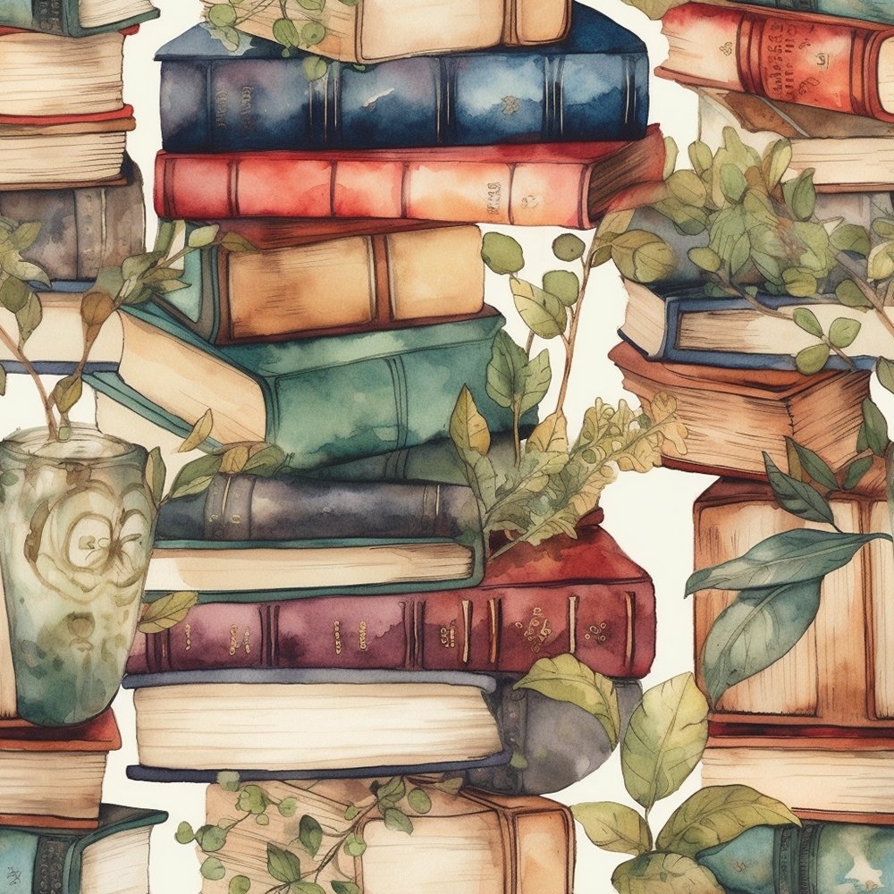 Whimsical Greenery & Stacked Books #2 Fabric