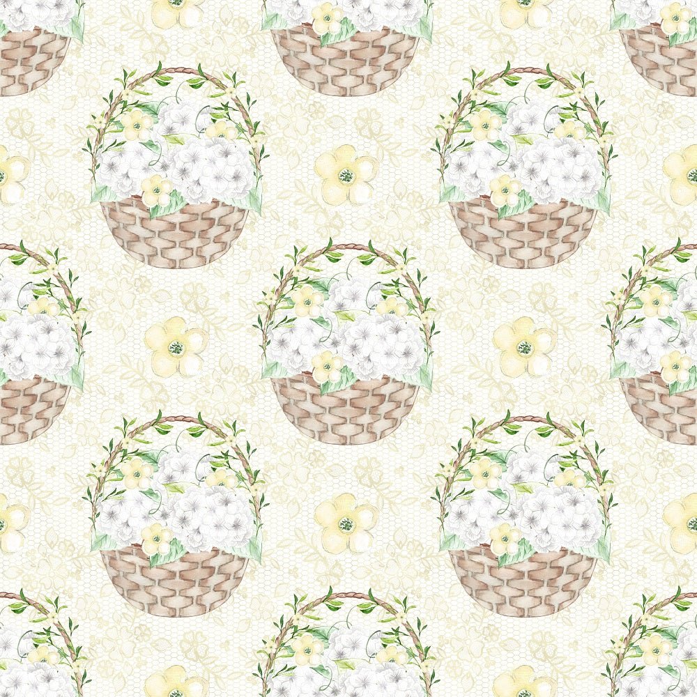 White Hydrangeas Baskets Fabric - Yellow