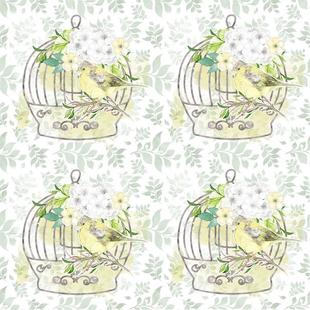 White Hydrangeas Birds and Cages on Leaves Fabric
