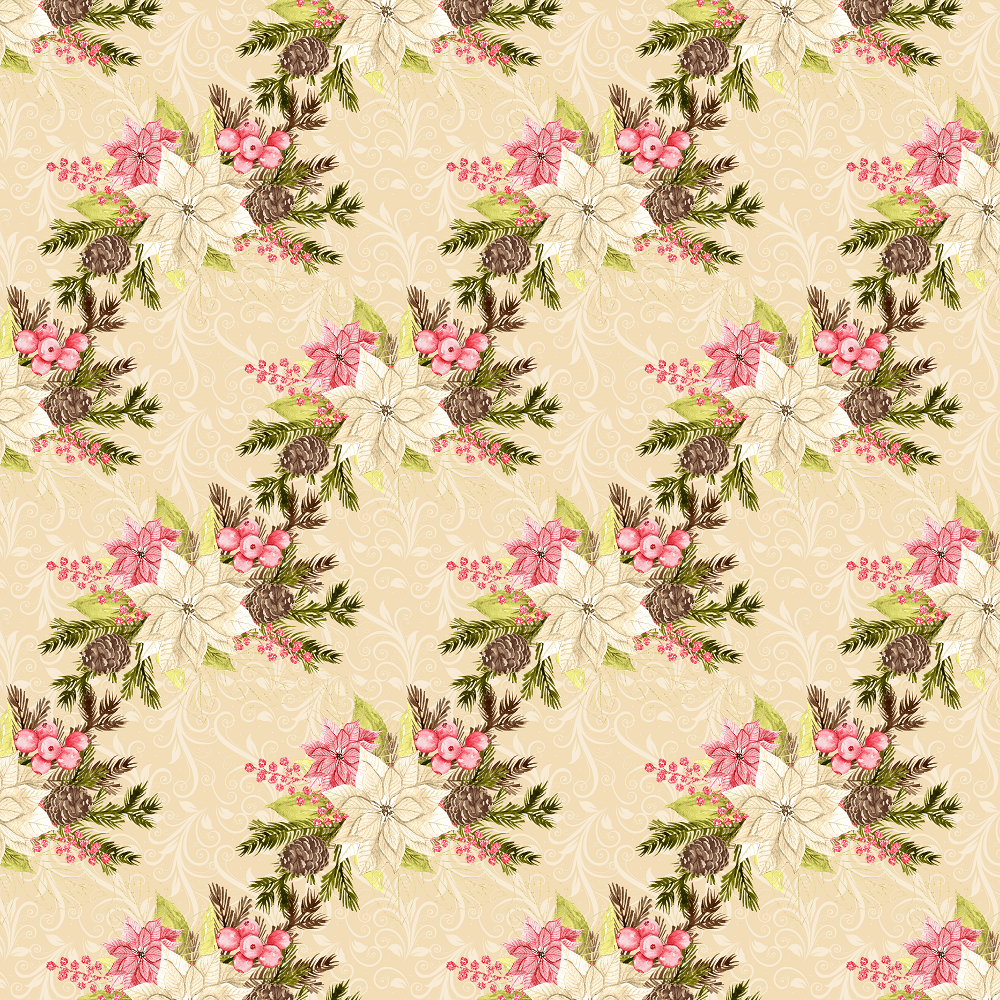 Winter Poinsettias & Filigree Fabric - Tan