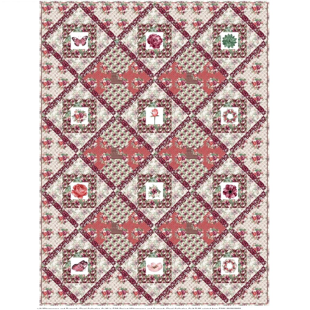Champagne & Burgundy Florals Quilt Kit - 81" x 108"