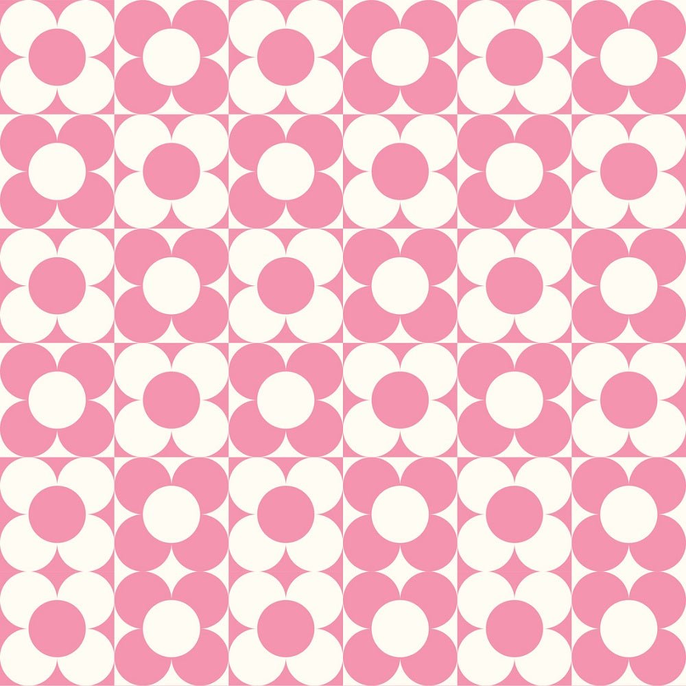 Checkerboard Retro Flowers Fabric - Pink