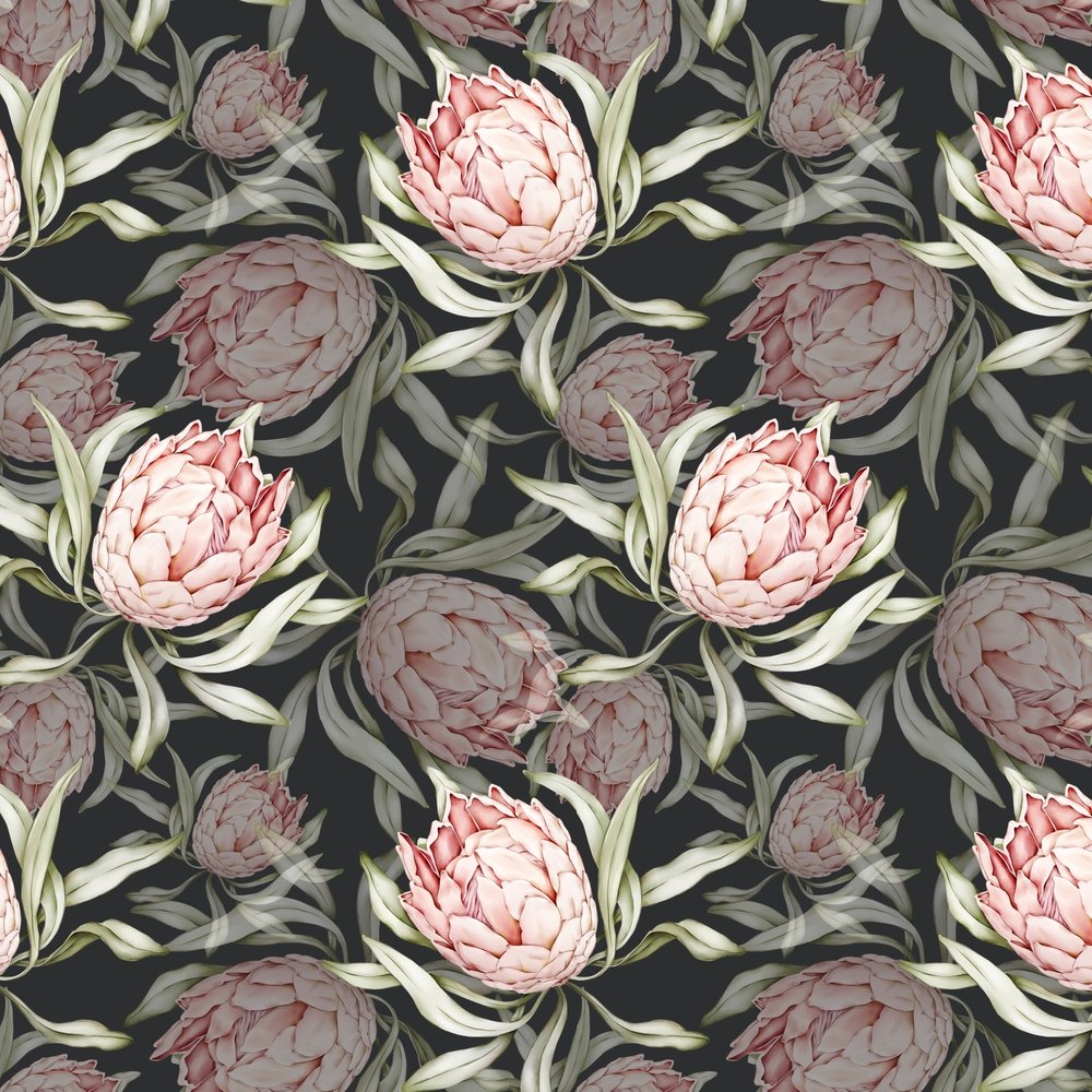 Tropical Protea Flower Fabric - Pink/Charcoal