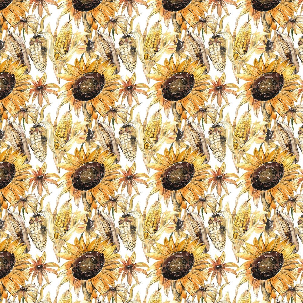 Watercolor Corn Stock & Sunflowers Fabric - White