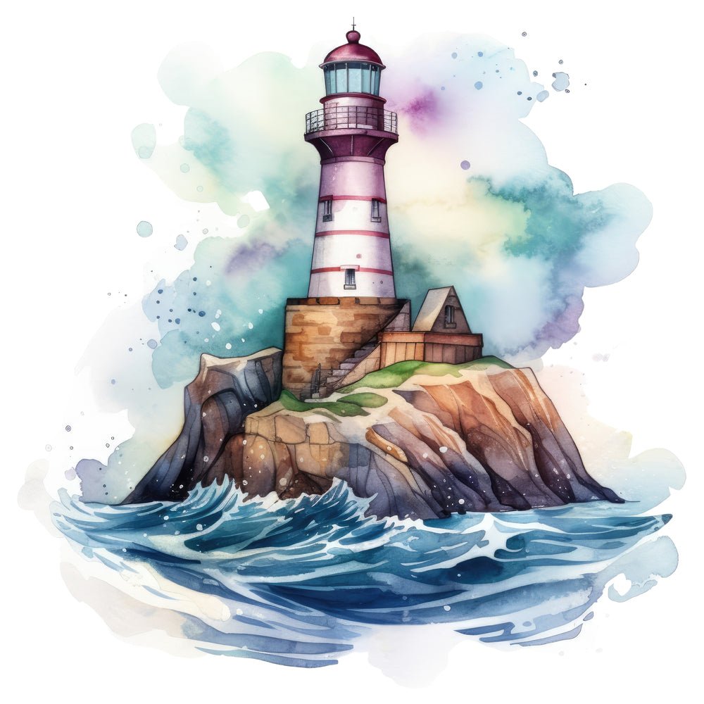 Watercolor Lighthouse Scene #2 Fabric Panel