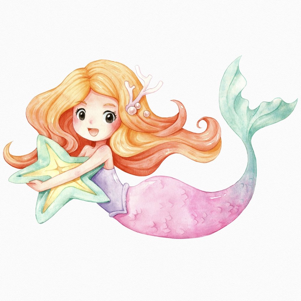 Watercolor Mermaid Fabric Panel - White