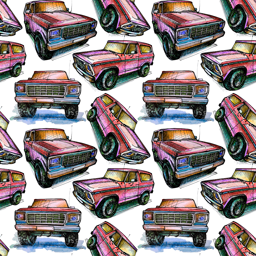 Watercolor Vintage SUV Fabric - Red