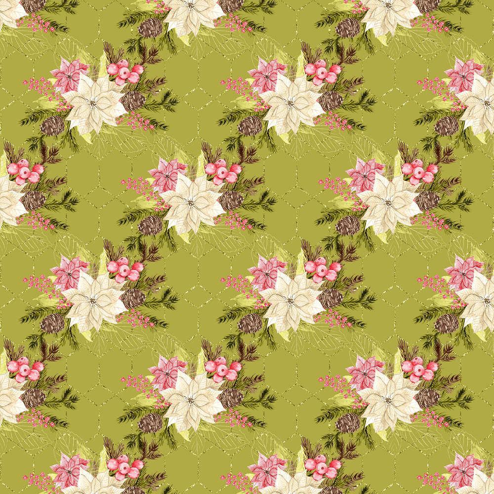 Winter Poinsettias On Hexagonal Fabric - Green